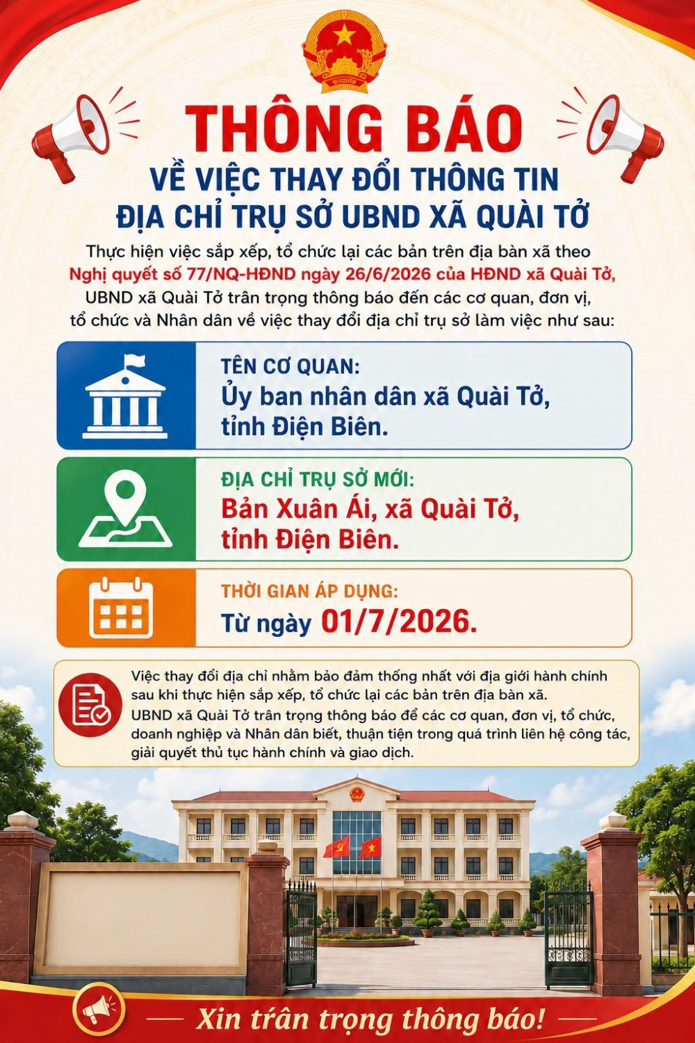📢 THÔNG BÁO VỀ VIỆC THAY ĐỔI THÔNG TIN ĐỊA CHỈ TRỤ SỞ UBND XÃ QUÀI TỞ 📢
