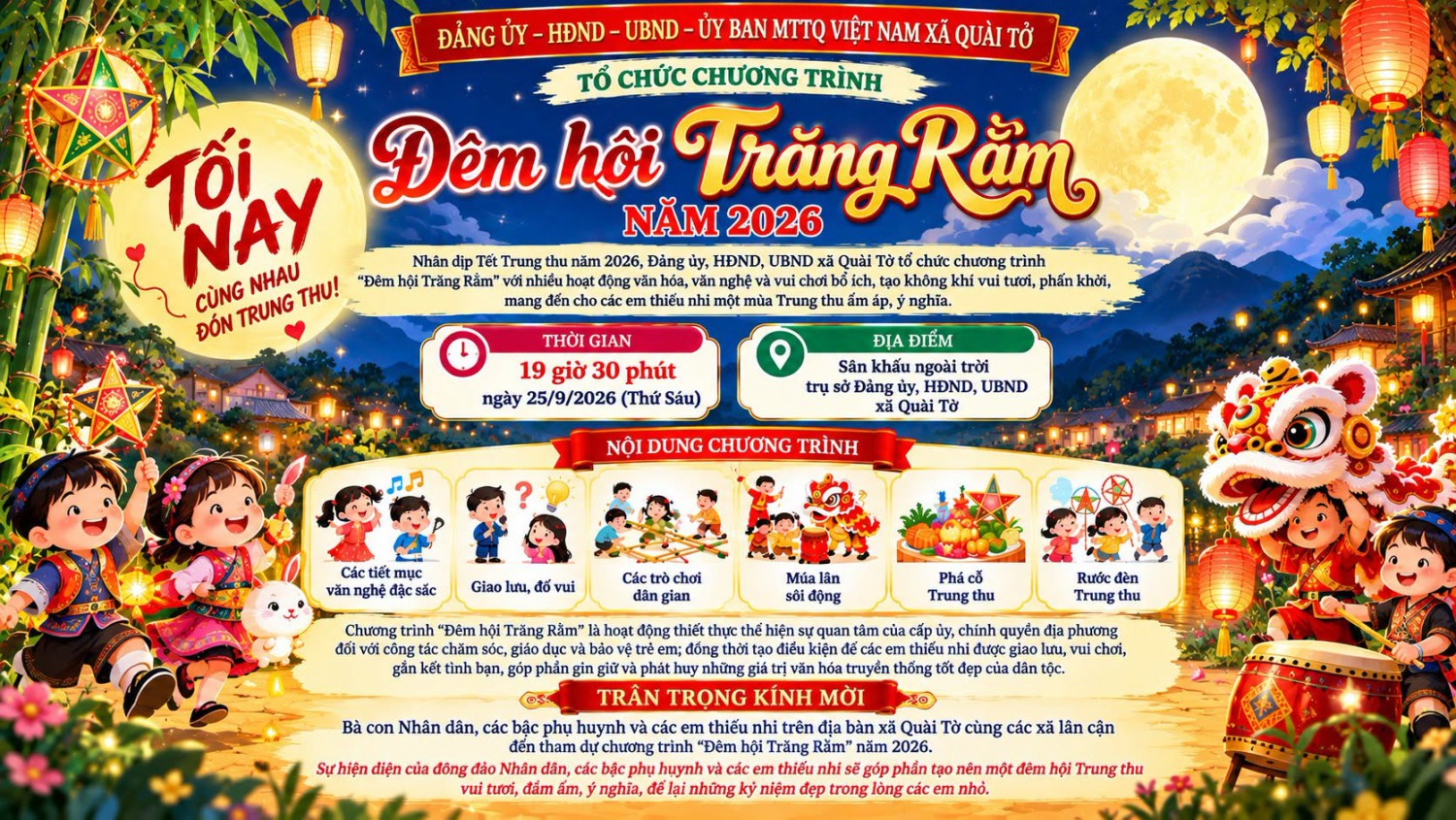 🌕🏮 TỐI NAY, 19 GIỜ 30 PHÚT – CÙNG ĐẾN VỚI “ĐÊM HỘI...