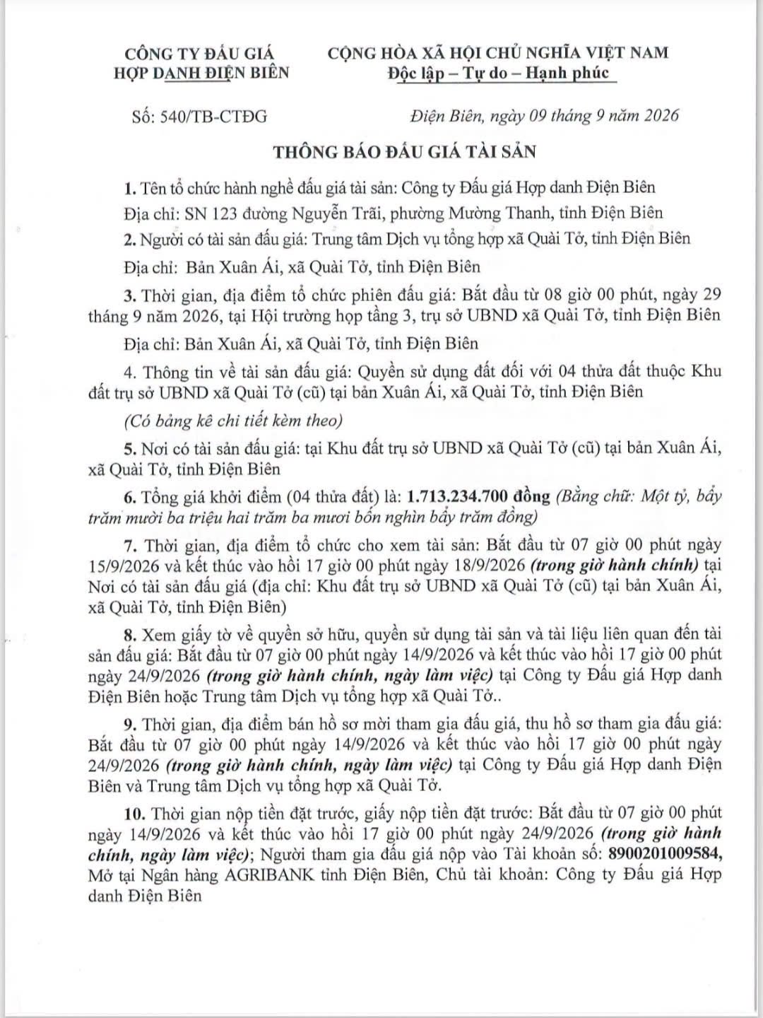 📢 THÔNG BÁO ĐẤU GIÁ TÀI SẢN